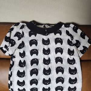Girls Black & White Cat Print Top with Peter Pan Collar